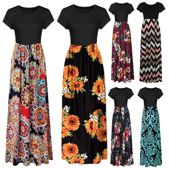 Women Plus Size Dress Retro Floral Print O Neck Short Sleeves Side Pockets Summer Casual Maxi Party Beach Dress Women Plus Size Dress Retro Floral Print O Neck Short Sleeves Side Pockets Summer Casual Maxi Party Beach Dress