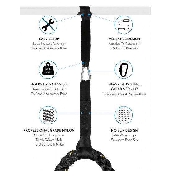 Battle Rope Anchor Strap Kit with Heavy Duty Reinforced 2 Nylon Straps & 1 Stainless Steel Carabiner Clip for Crossfit Ropes Home Gym Fitness & Training Rope Anchor Battle Rope Anchor Strap Kit with Heavy Duty Reinforced 2 Nylon Straps & 1 Stainless Steel Carabiner Clip for Crossfit Ropes Home Gym Fitness & Training Rope Anchor